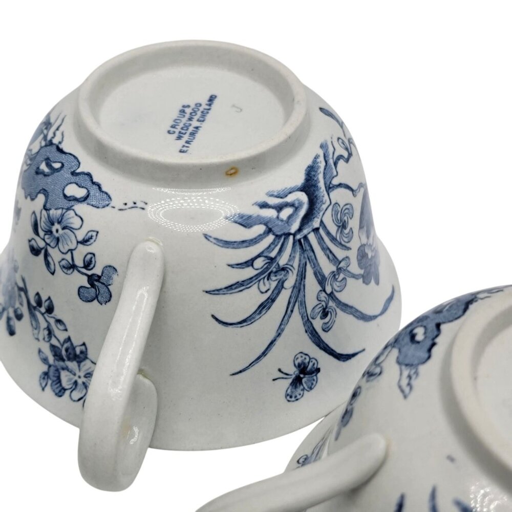 Antique Wedgwood Etruria Double-Handle Soup Cups – Blue Floral Transferware - Picture 5 of 6